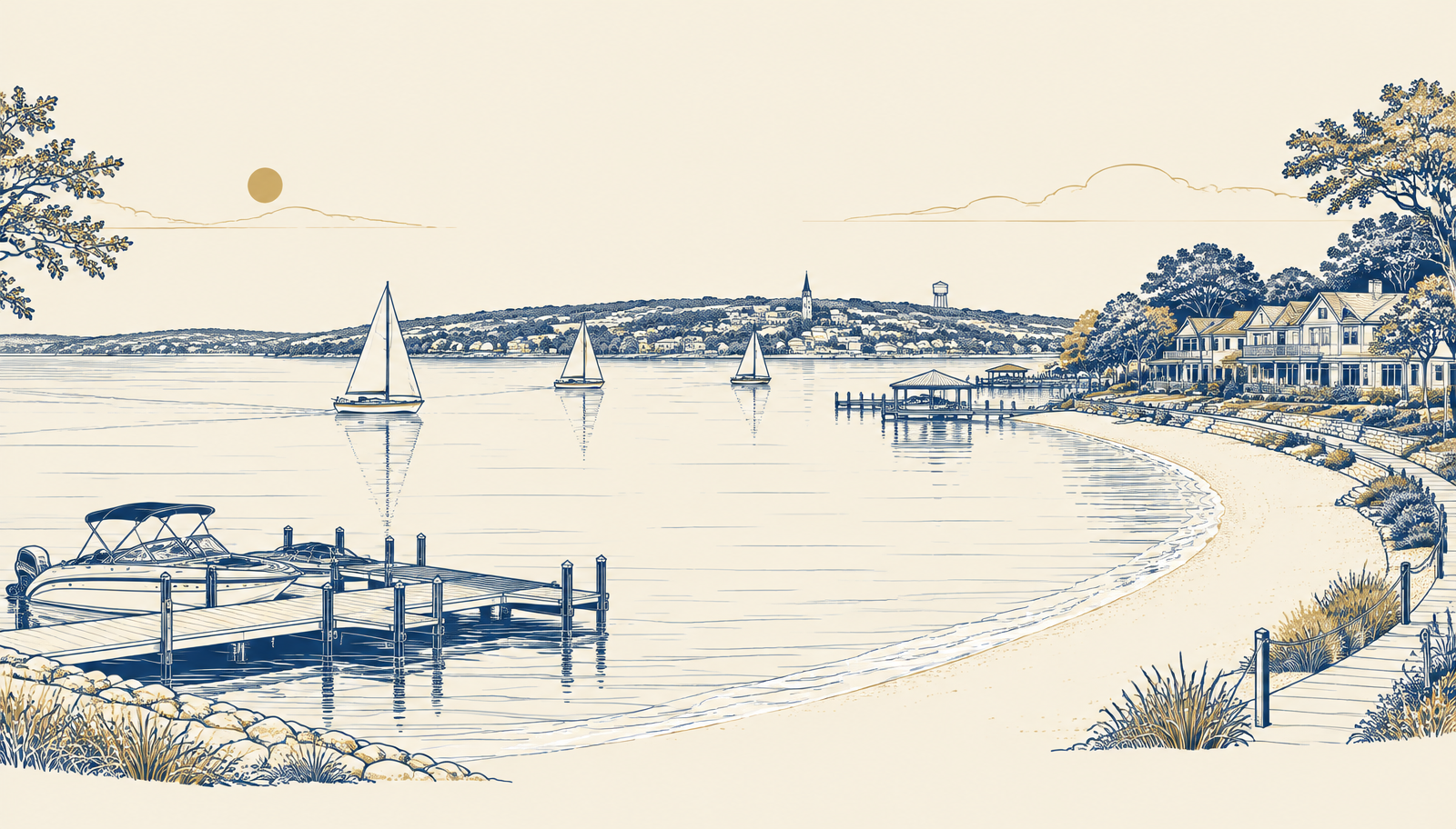 Illustrated view of Little Elm's lakefront with docks, sailboats, and lakefront homes.