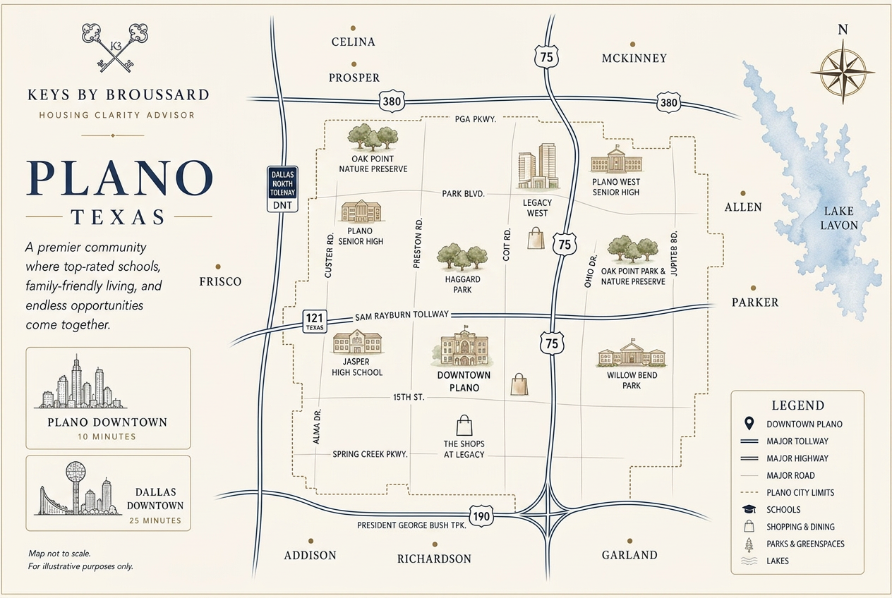 Illustrated map of Plano, Texas within the DFW North Corridor, showing neighboring cities, major routes, Legacy West, and Downtown Plano.