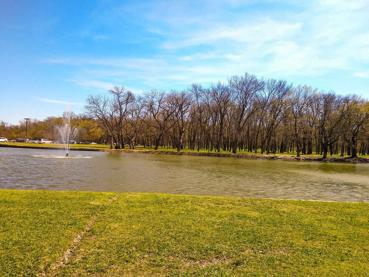 The lake and fountain at Towne Lake Park in McKinney.