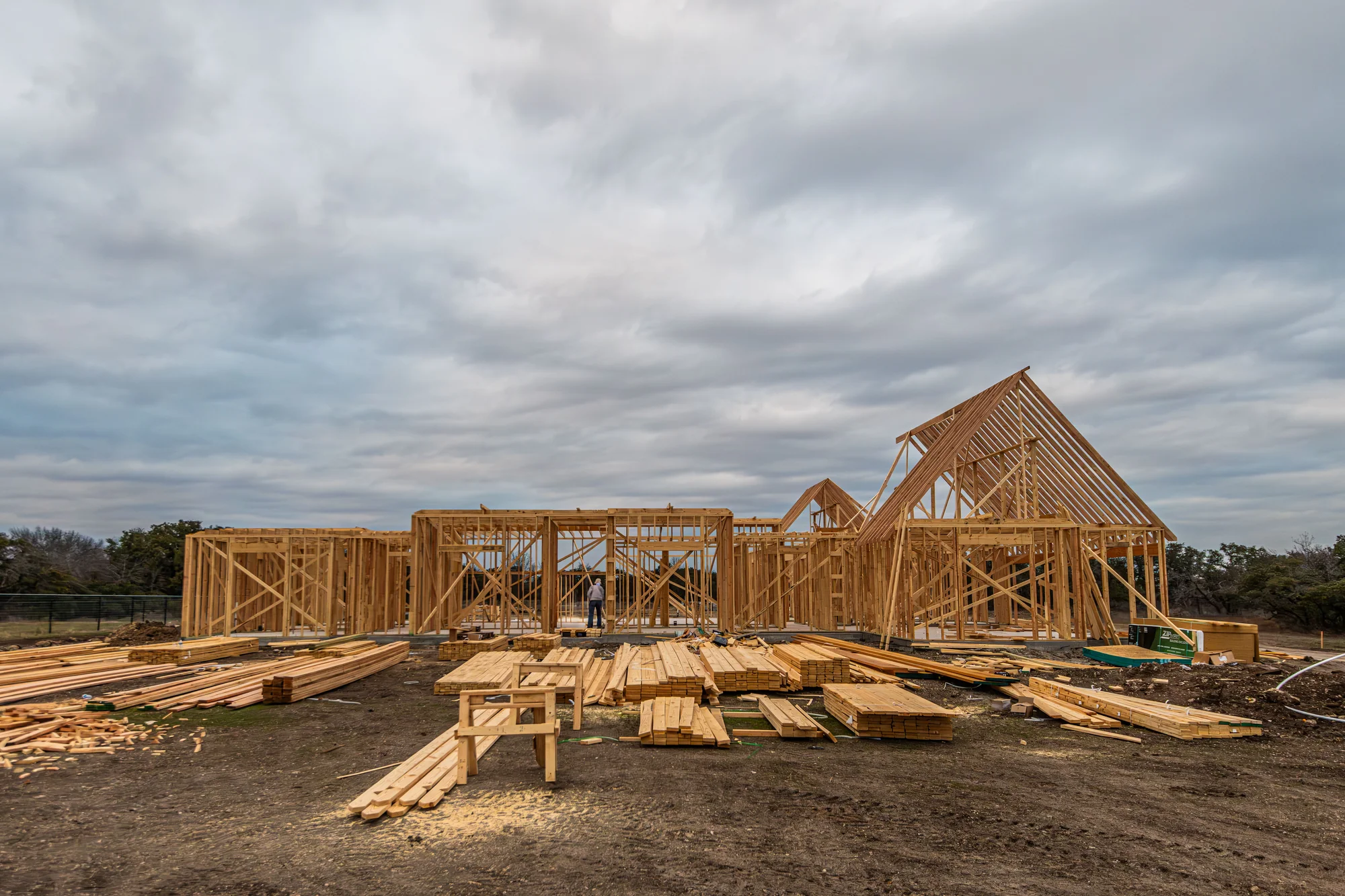 Wood framing of a house under construction in Fort Worth, Texas.