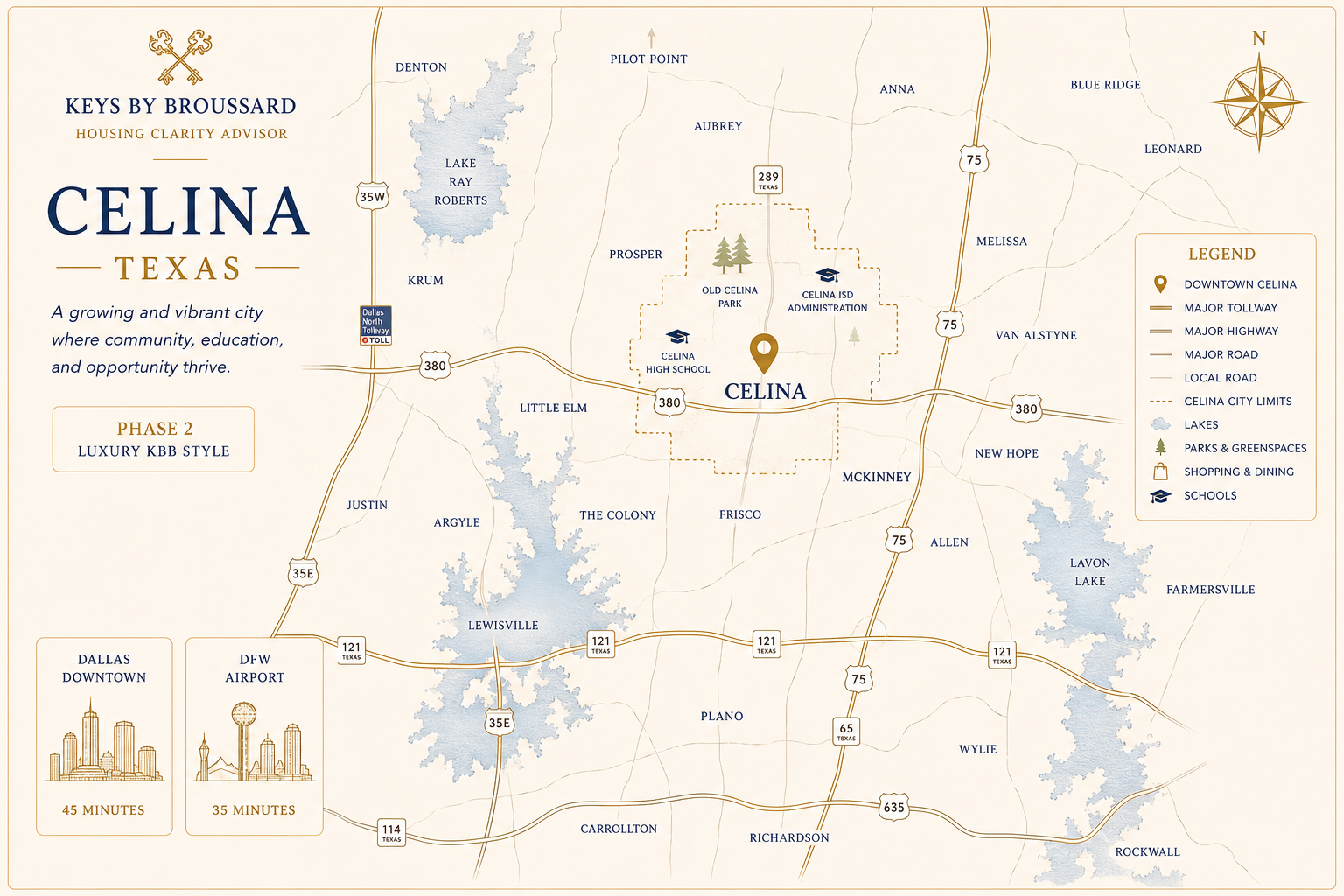 Illustrated map of Celina, Texas within the DFW North Corridor, showing neighboring cities, US-380, the Dallas North Tollway, and Lake Lavon.