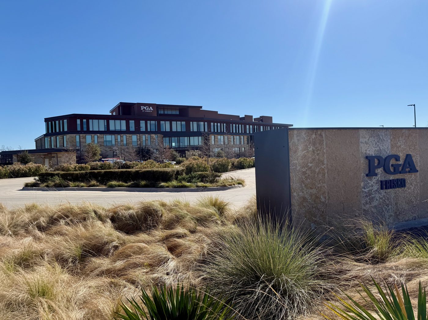 Entrance monument and headquarters building of the PGA of America in Frisco.